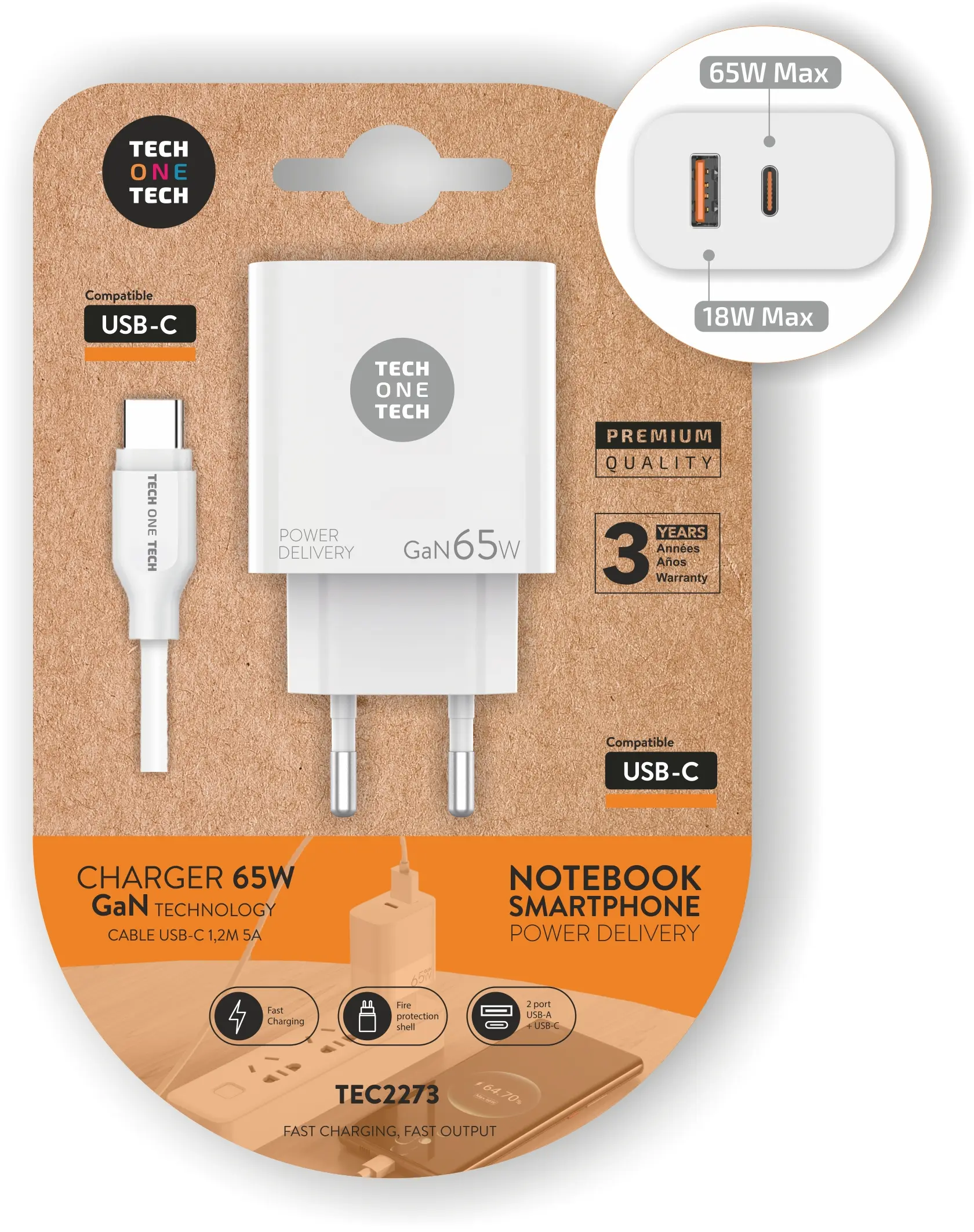 TechOneTech Cargador de Pared GaN PD 3.0 65W - Para Portatiles y Smartphones - Cable USB-C a USB-C 1