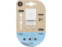 TechOneTech Cargador Doble de Pared + Cable USB-A a Lightning 1m - Recubierto de Nylon Trenzado