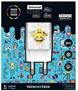 TechOneTech Emojitech Smile Cargador Doble de Pared USB-A - Alto Rendimiento