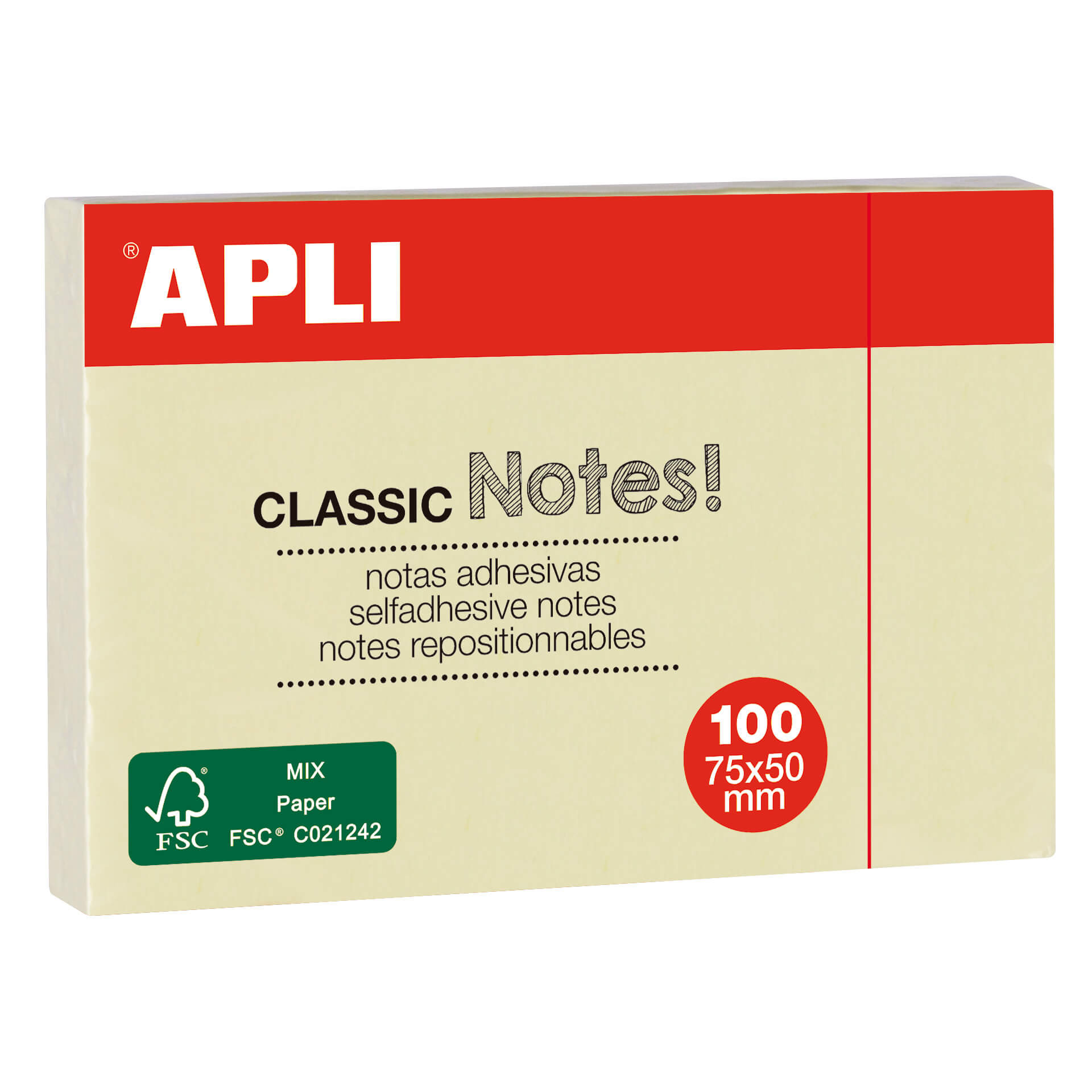 Apli Notas Adhesivas Classic 75x50mm Bloc 100 Hojas - Adhesivo de Calidad - Facil de Despegar - Idea