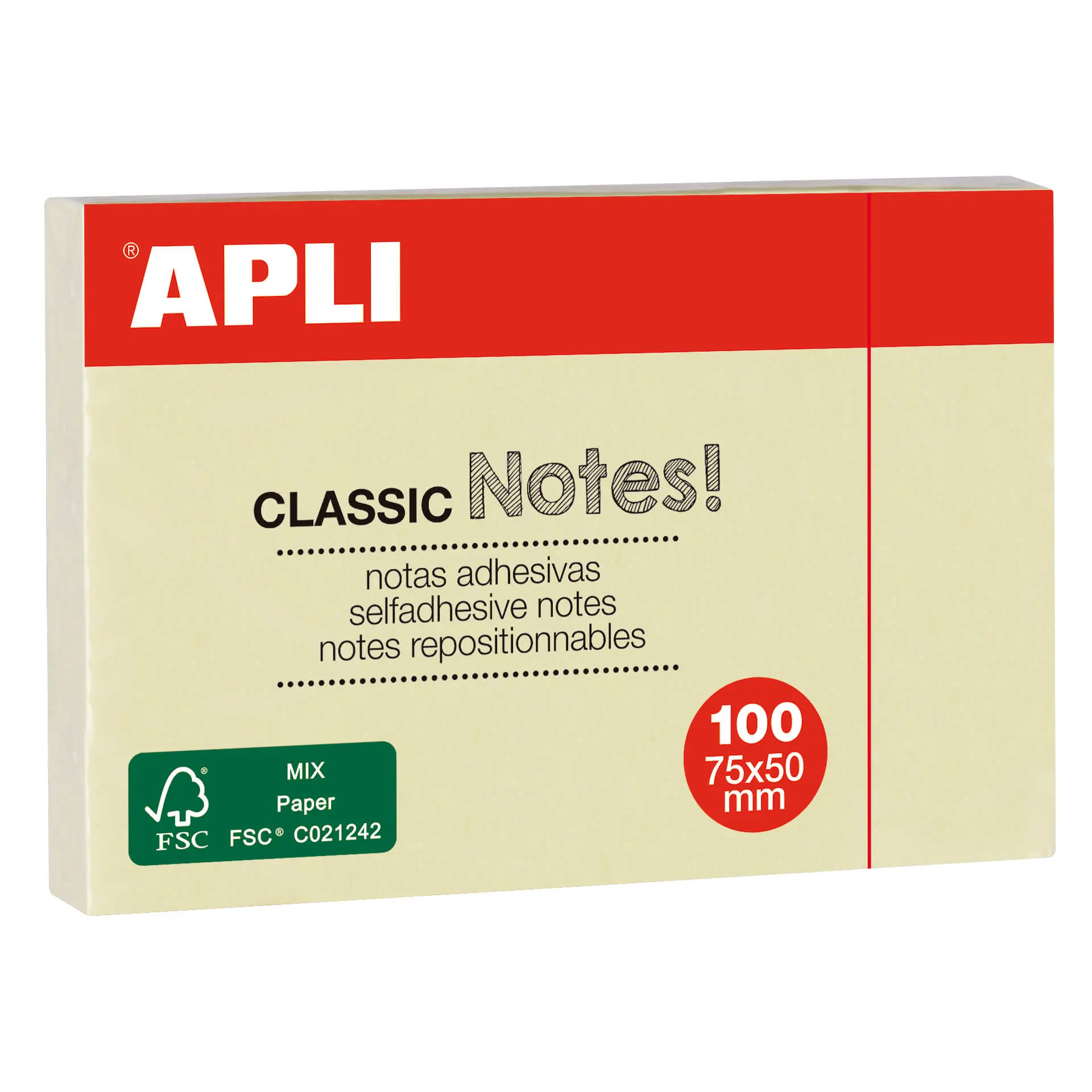 Apli Notas Adhesivas Classic 75x50mm Bloc 100 Hojas - Adhesivo de Calidad - Facil de Despegar - Idea