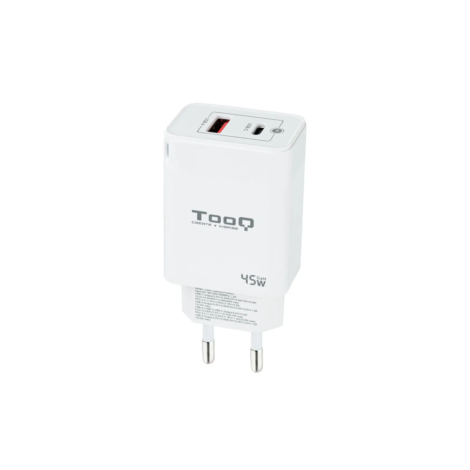 Tooq Cargador de Pared GaN USB-C/PD + USB-A/QC 45W - Color Blanco
