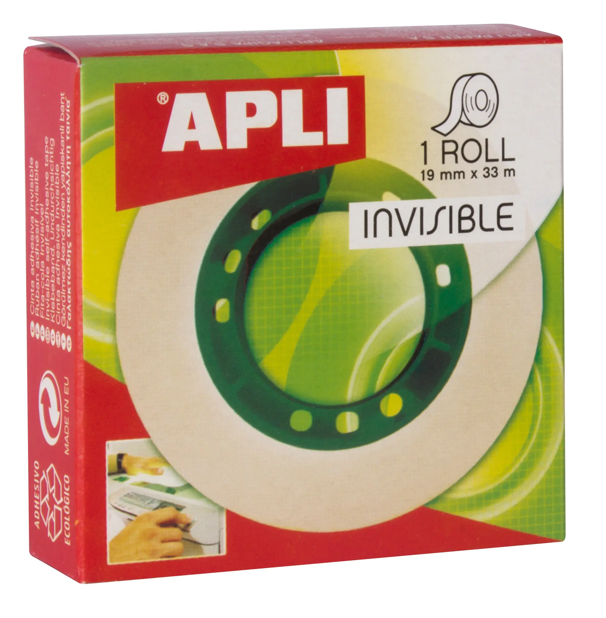Apli Cinta Adhesiva Invisible 19mm x 33m - Facil de Cortar - Resistente - Ideal para Uso en Oficina 