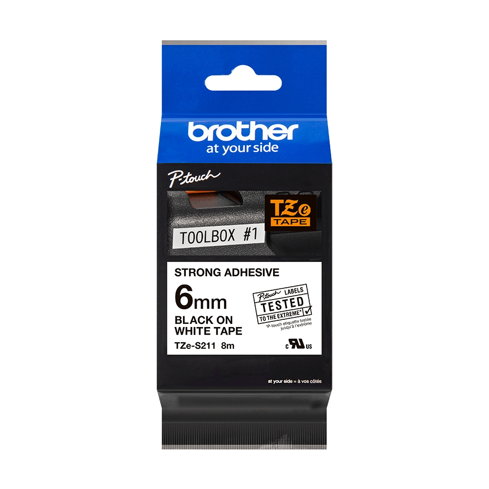 Brother TZeS211 Cinta Laminada Super Adhesiva Original de Etiquetas - Texto negro sobre fondo blanco