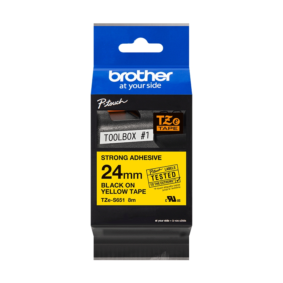Brother TZeS651 Cinta Laminada Super Adhesiva Original de Etiquetas - Texto negro sobre fondo amaril