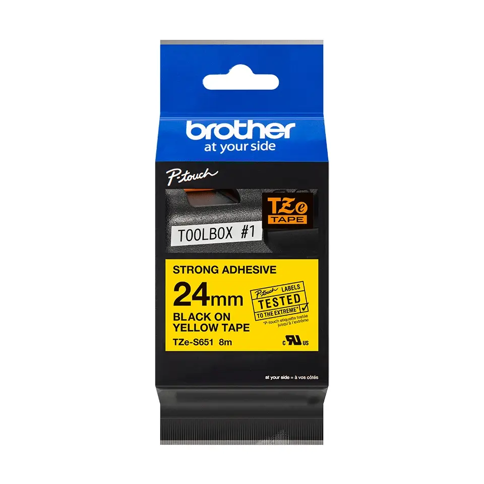 Brother TZeS651 Cinta Laminada Super Adhesiva Original de Etiquetas - Texto negro sobre fondo amaril