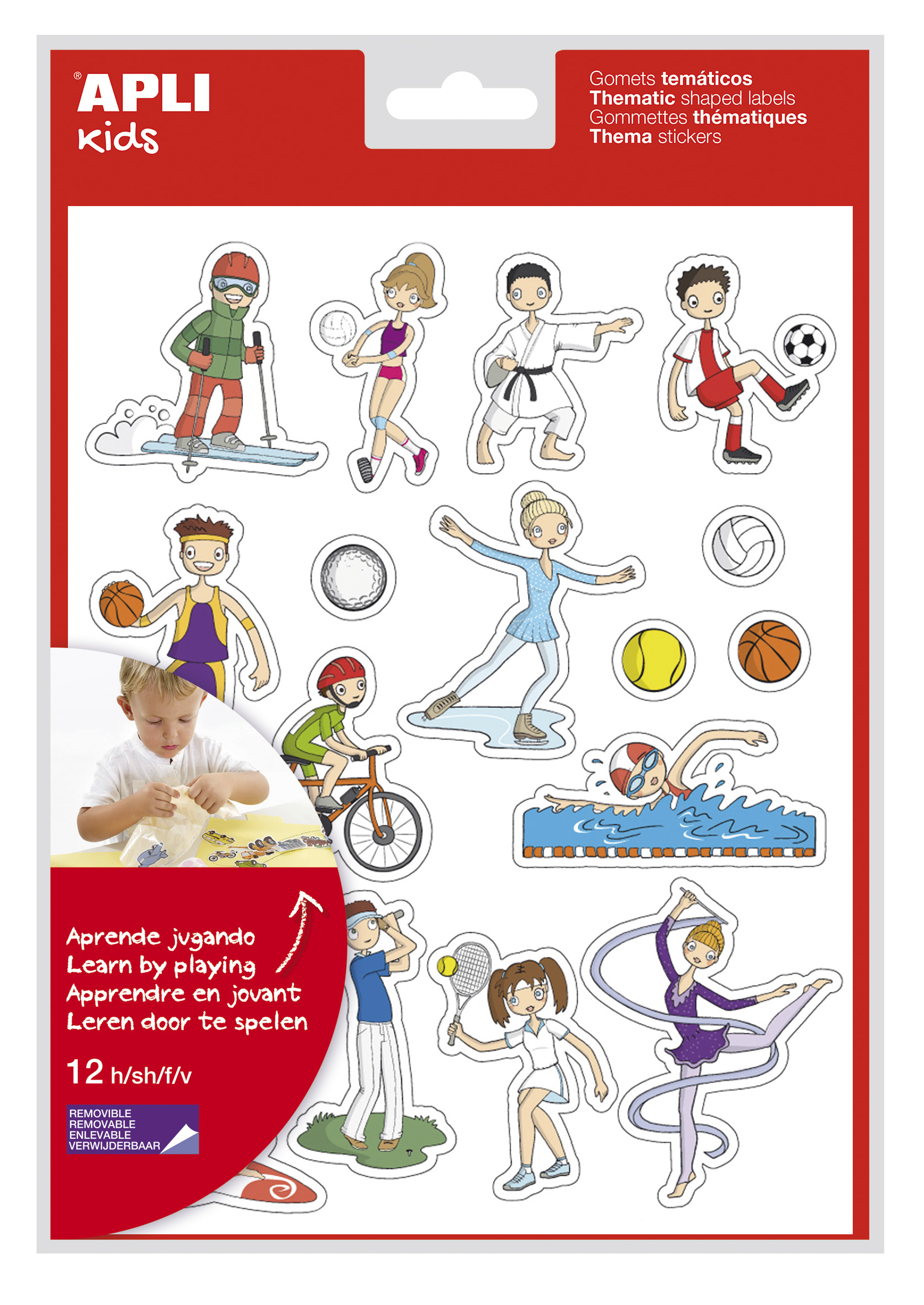 Apli Bolsa de Gomets Tematicos Deportes - 204 Gomets en 12 Hojas - Ilustraciones Divertidas para Enr