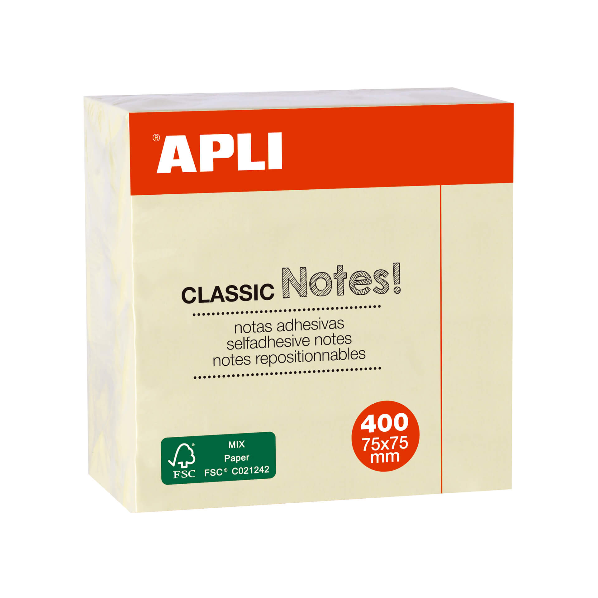 Apli Notas Adhesivas Classic 75x75mm - Cubo de 400 Hojas - Adhesivo de Calidad - Facil de Despegar -