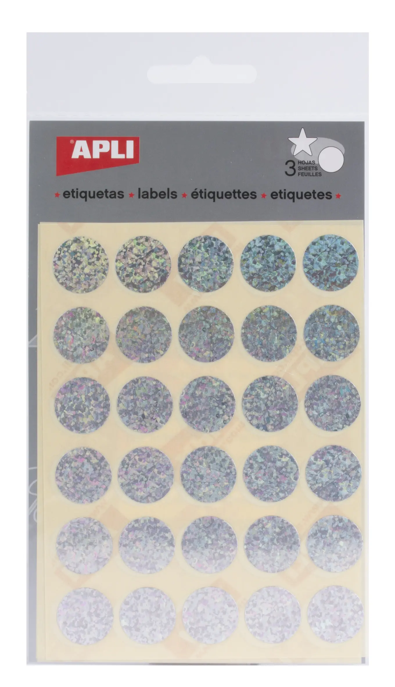 Apli Gomets Redondos Holograficos � 20mm - Adhesivo Permanente - 90 Gomets en 3 Hojas - Desarrollo d