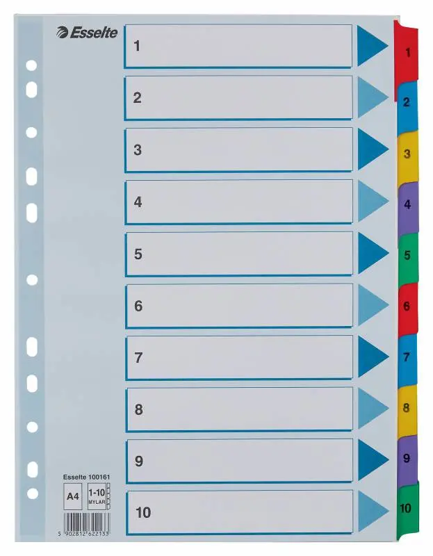 Esselte Indice de Carton con Pestaas Reforzadas - A4 - Numeradas 1-10 - Multicolor