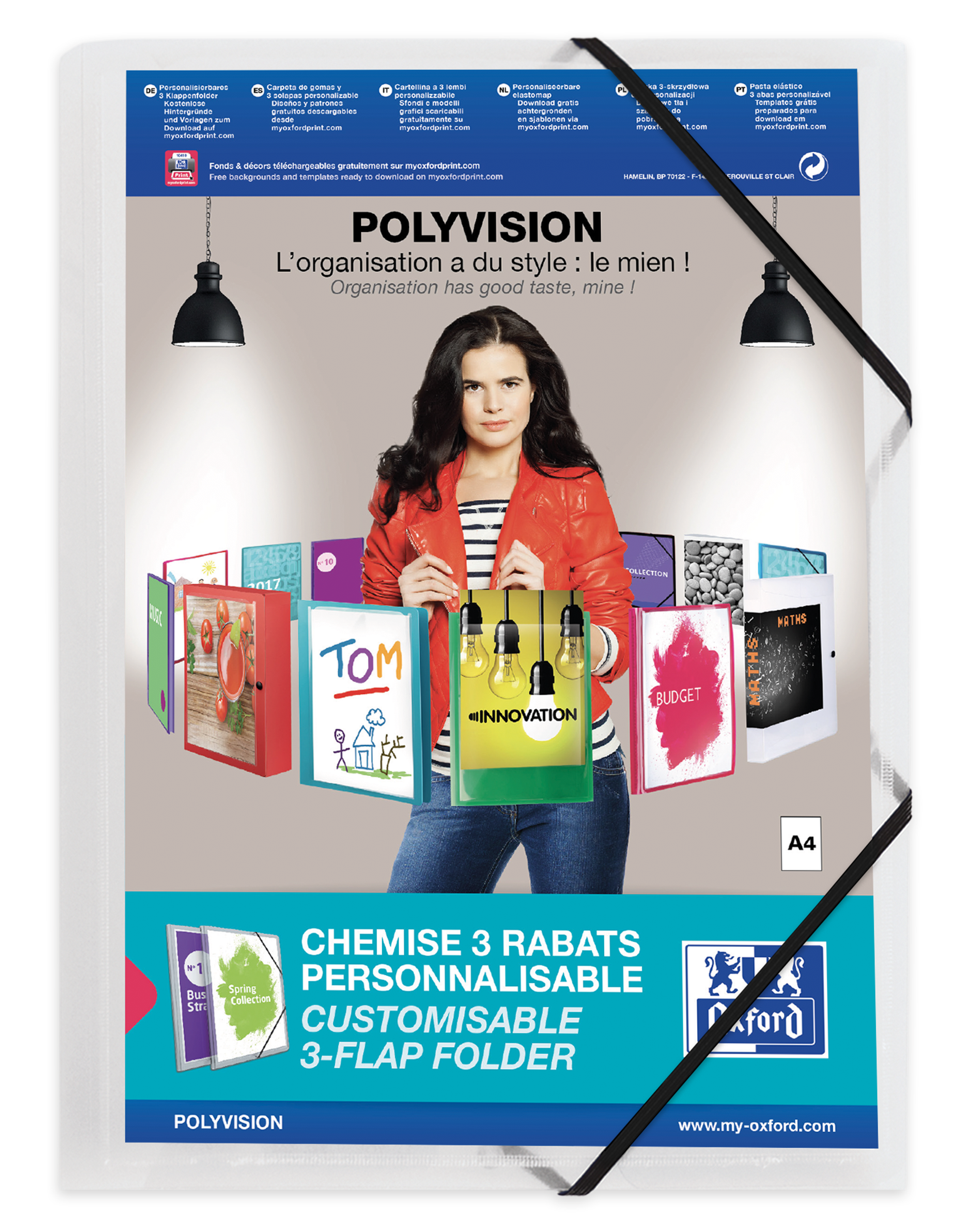 Oxford Polyvision A4+ Carpeta de Gomas 3 Solapas - Tapa de Plastico Personalizable - Lomo 30mm Trans