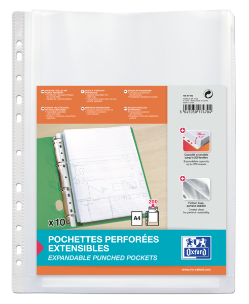 Oxford A4 Fundas Multitaladro Gran Capacidad - Fuelle Polipropileno 200� - Acabado Cristal