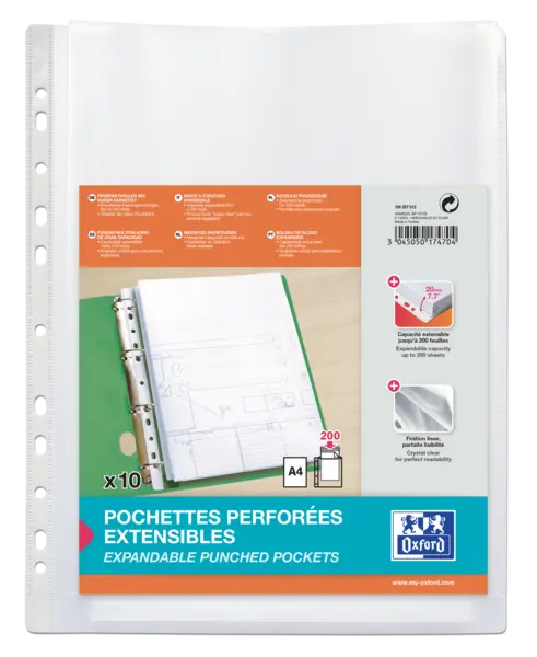 Oxford A4 Fundas Multitaladro Gran Capacidad - Fuelle Polipropileno 200� - Acabado Cristal