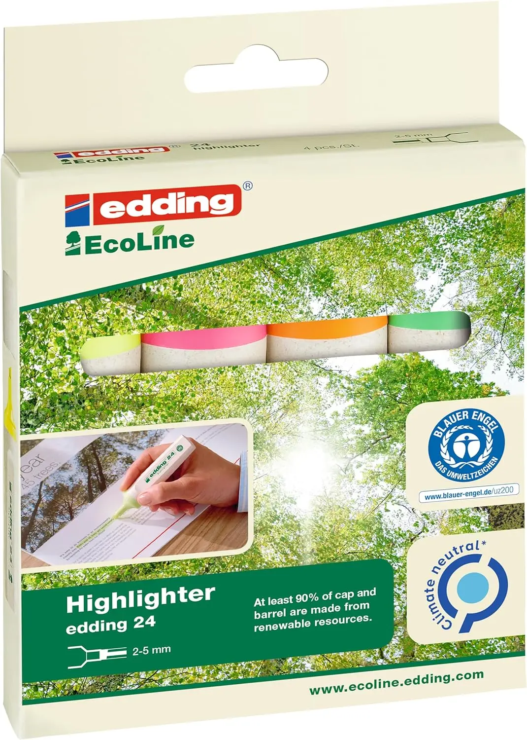 Edding 24 EcoLine Pack de 4 Marcadores Fluorescentes - Punta Biselada - Trazo entre 2-5mm - 90% de P