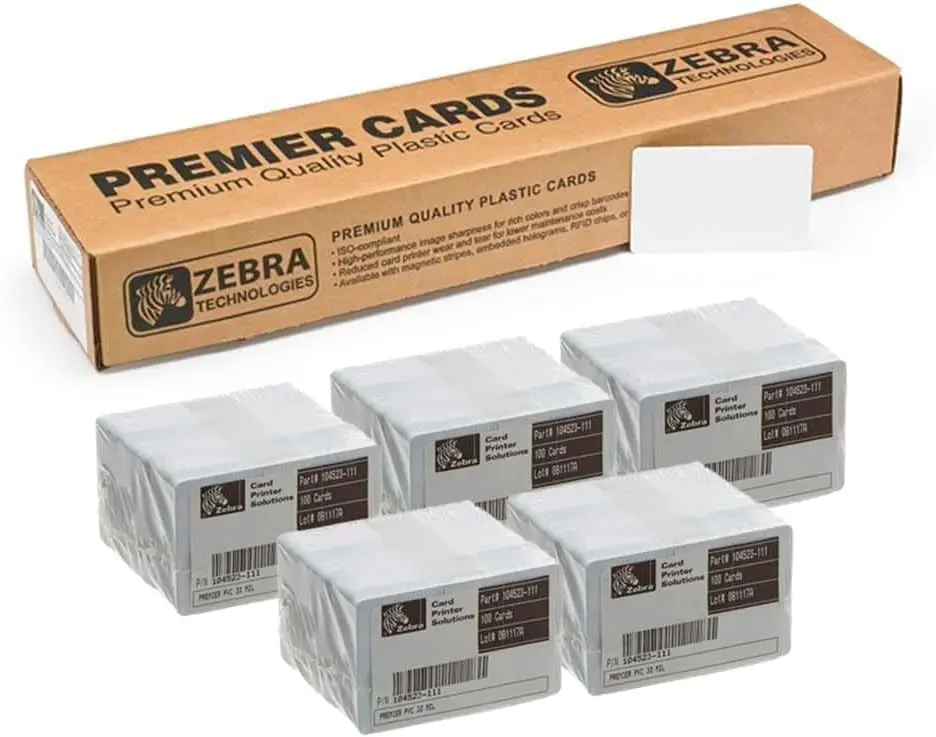 Zebra Pack de 500 Tarjetas de PVC Originales Imprimibles Blancas - Formato CR-80 86x54mm - 104523-11