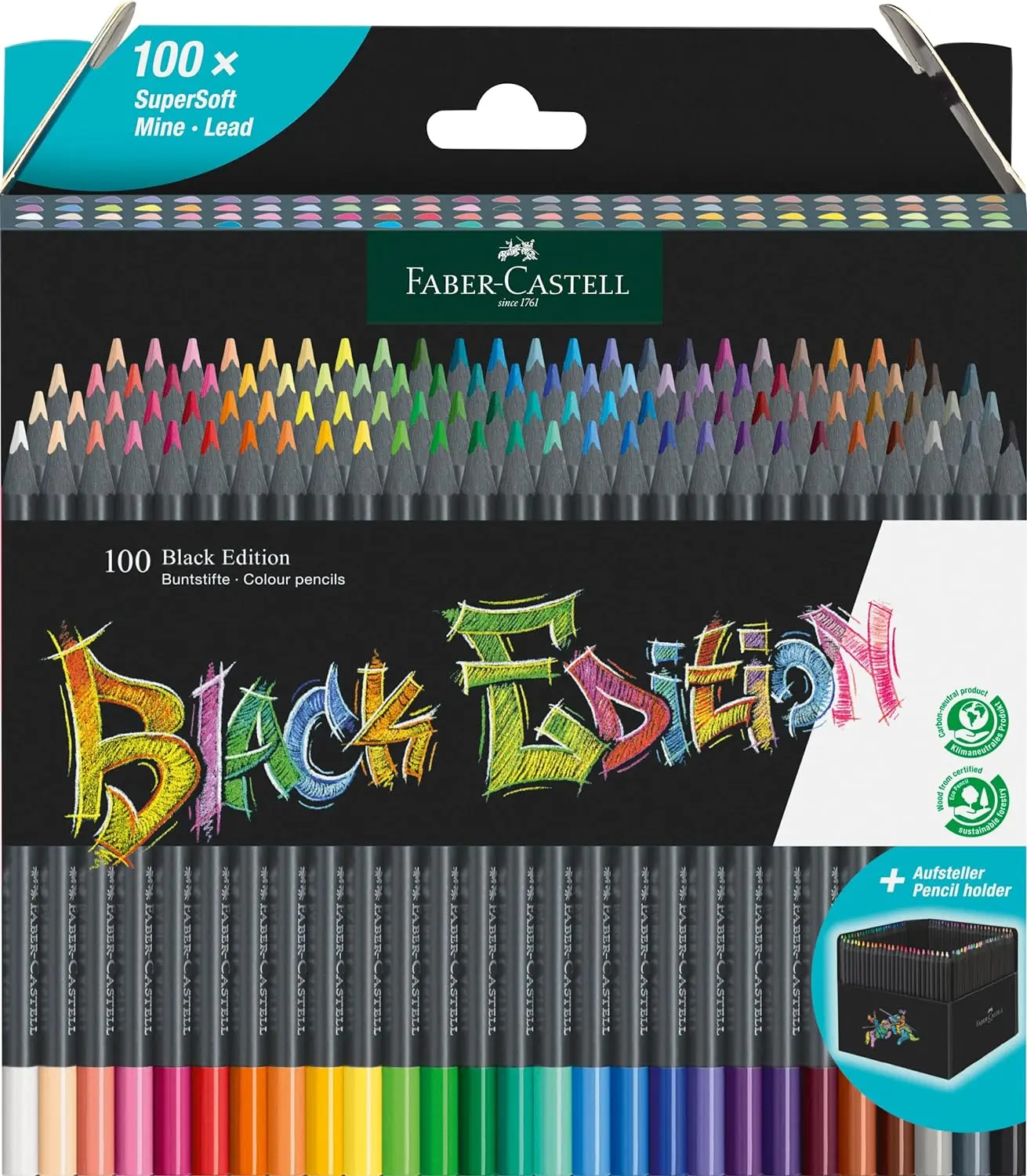 Faber-Castell Black Edition Pack de 100 Lapices de Colores - Mina Supersuave - Madera Negra - Ideale