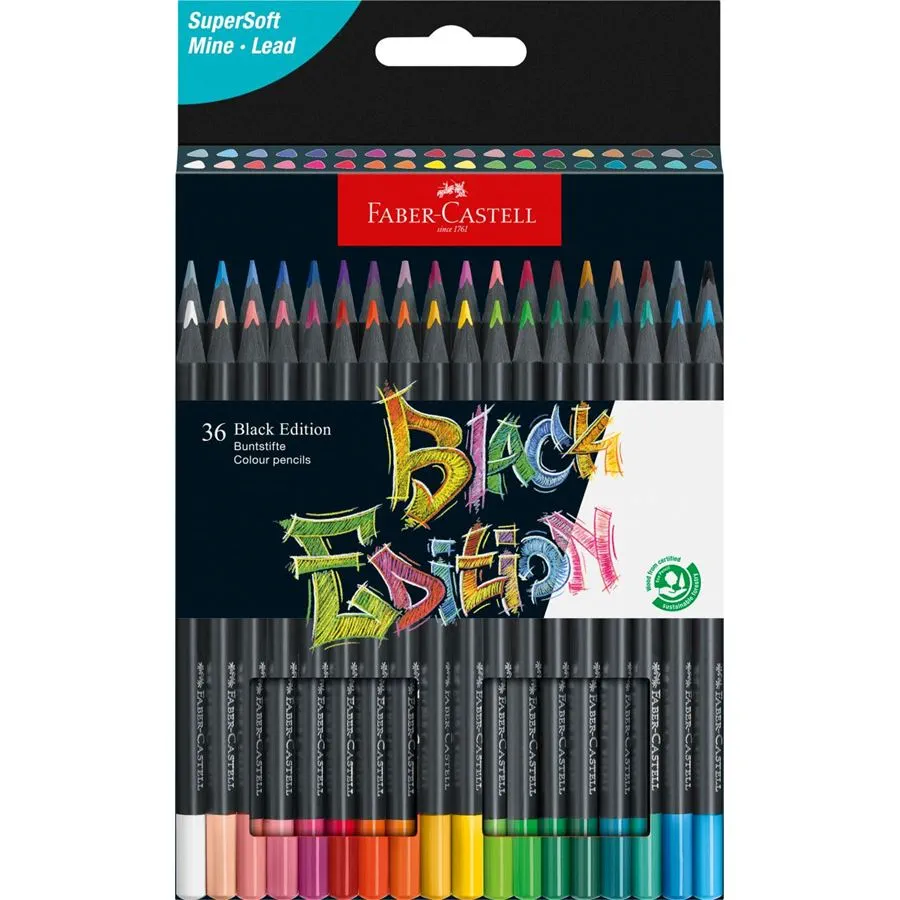 Faber-Castell Black Edition Pack de 36 Lapices de Colores - Mina Supersuave - Madera Negra - Ideales