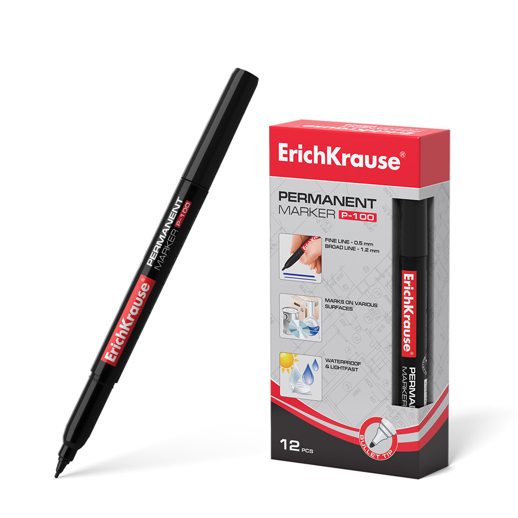 Erichkrause Marcador Permanente P-100 - Punta Fina de 0.5 a 1.2mm - Resistente al Agua y a los Rayos