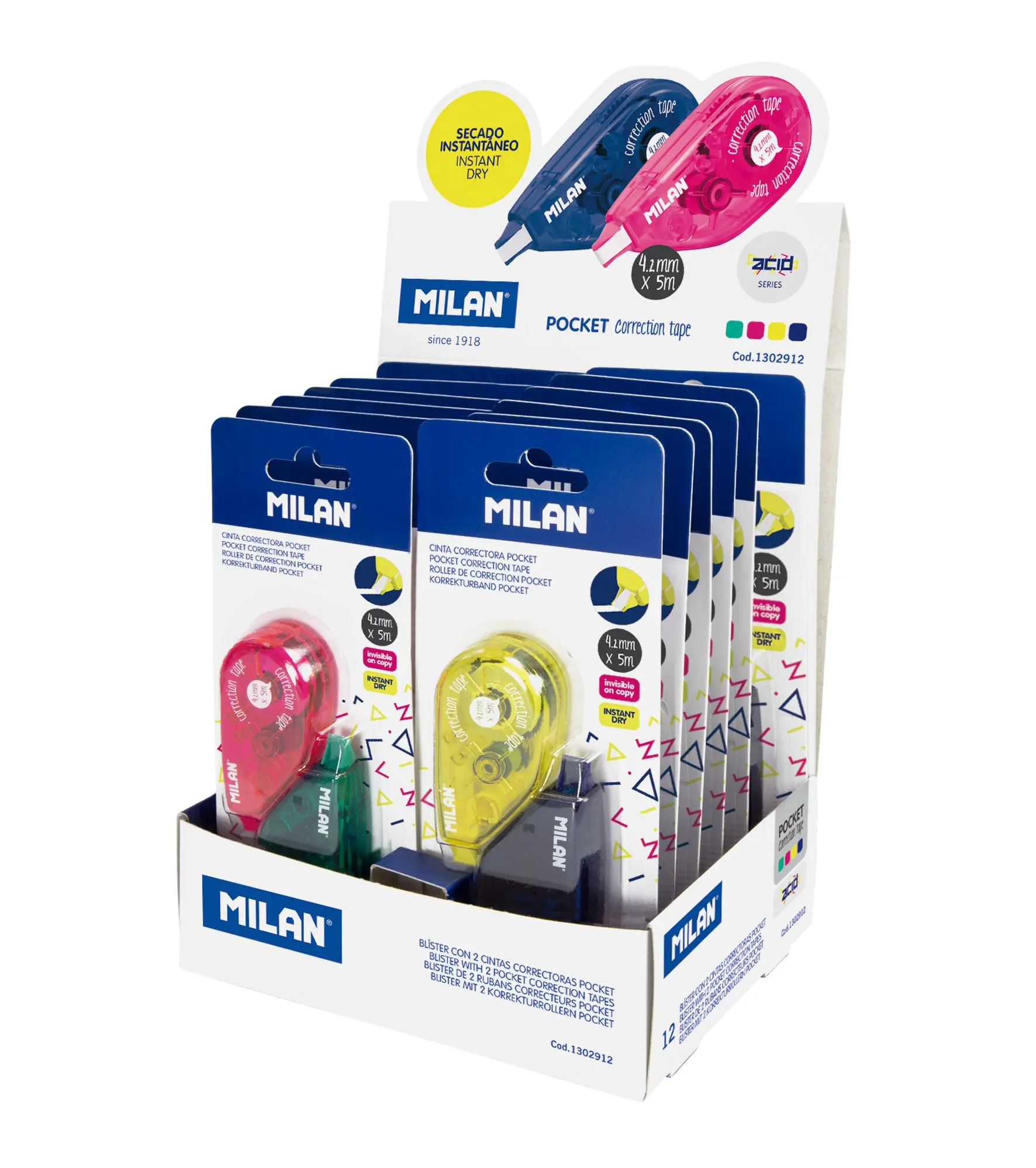 Milan Pocket Acid Expositor de 24 Cintas Correctoras en Blisters de 2uds. 4,2mm x 5m - Correcion en 