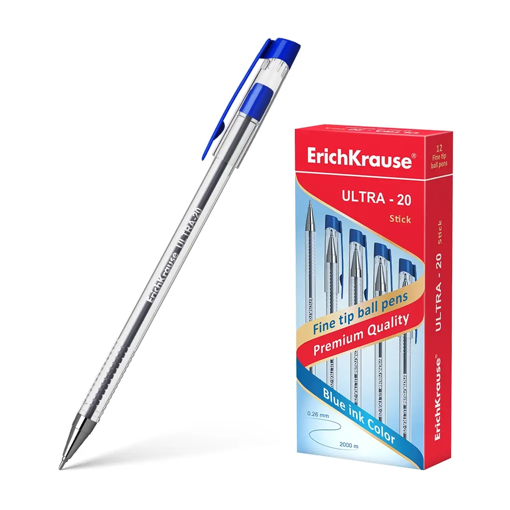 Erichkrause Boligrafo Ultra-20 - Punta Metalica de Tipo Aguja - Cuerpo Redondo Transparente con Grip