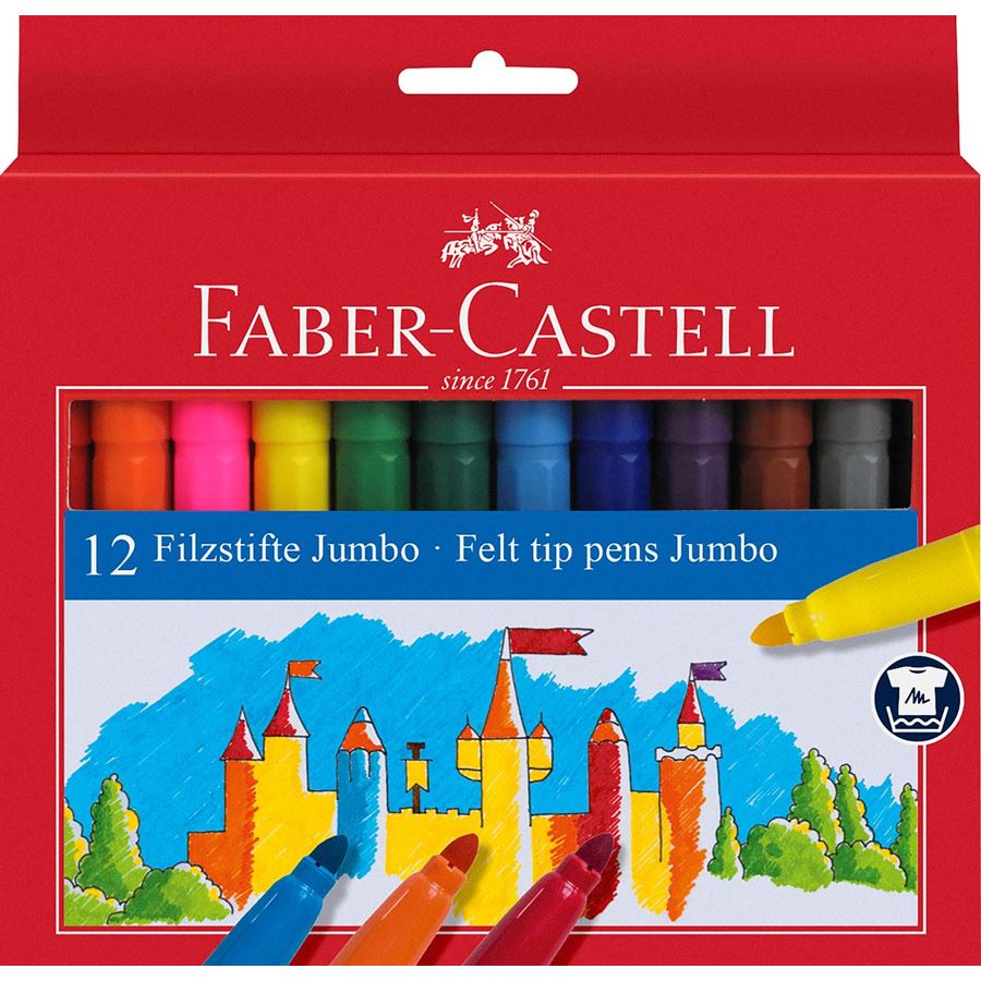 Faber-Castell Jumbo Pack de 12 Rotuladores Punta Gruesa - Tinta con Base de Agua Lavable - Colores S