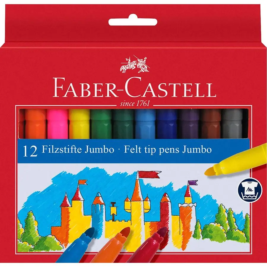 Faber-Castell Jumbo Pack de 12 Rotuladores Punta Gruesa - Tinta con Base de Agua Lavable - Colores S