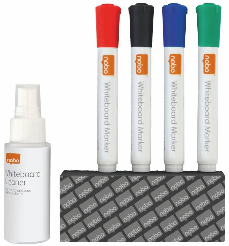 Nobo Kit Basico Accesorios Pizarra Blanca Borrado Seco - 4 Rotuladores Pizarra - Borrador Pizarra - 