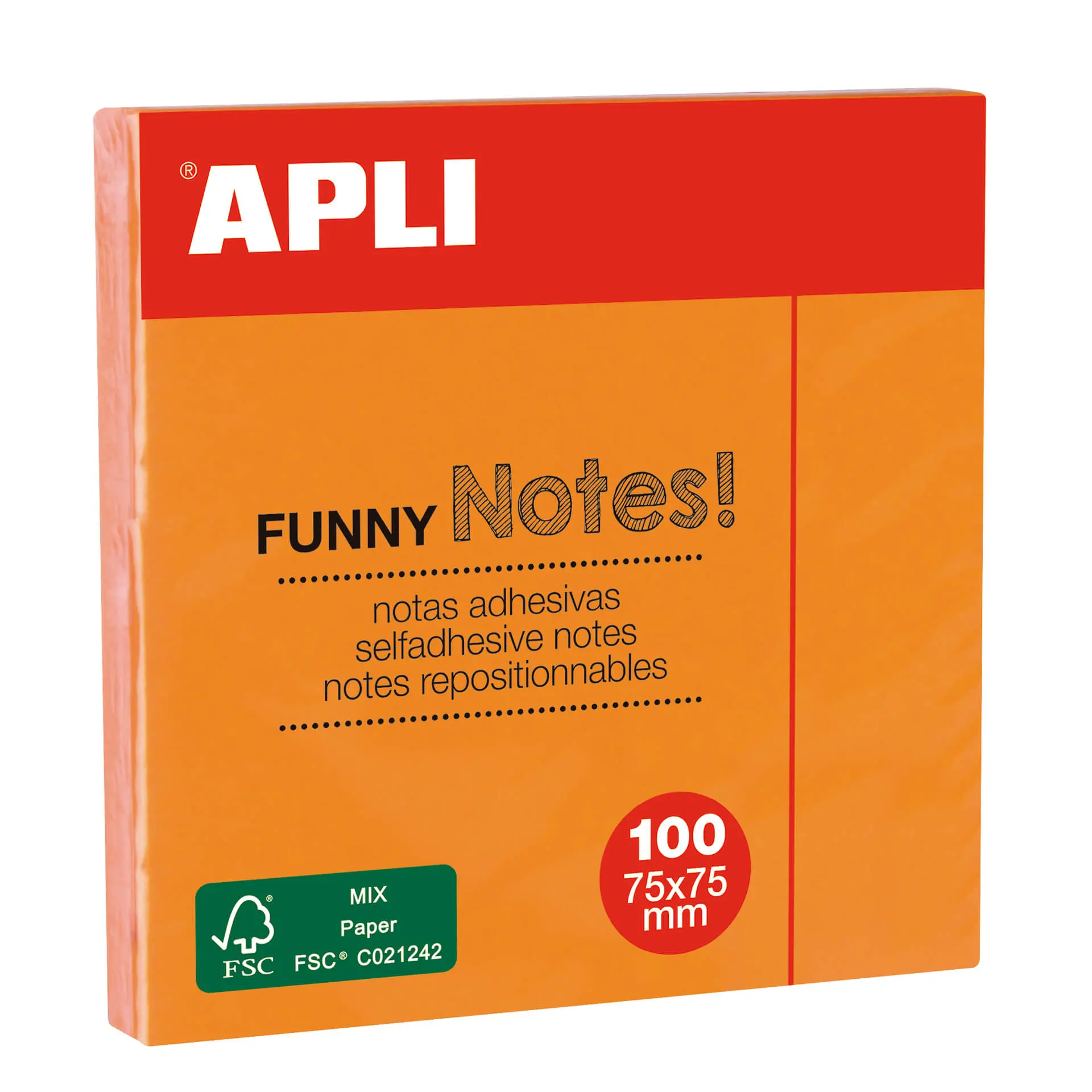 Apli Notas Adhesivas Funny 75x75mm - Bloc de 100 Hojas - Adhesivo de Calidad - Color Naranja Fluores