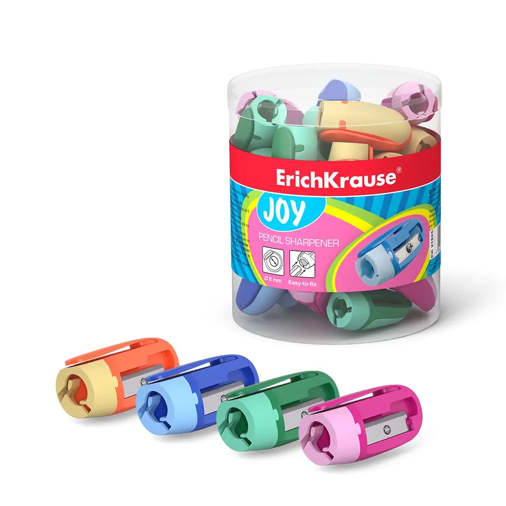 Erichkrause Joy Sacapuntas de Plastico - Colores Brillantes - Clip Comodo - Orificio de 8mm - Cuchil