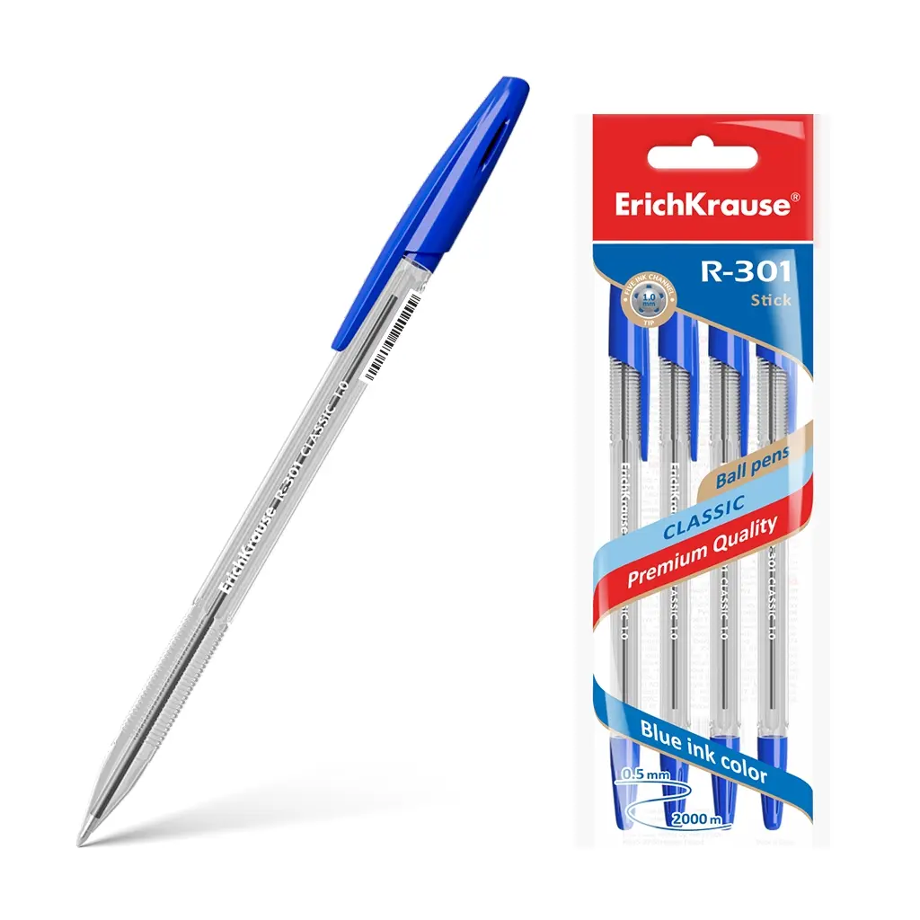 Erichkrause Pack de 4 Boligrafos R-301 Classic Stick 1.0 - Cuerpo Transparente Hexagonal - Punta de 