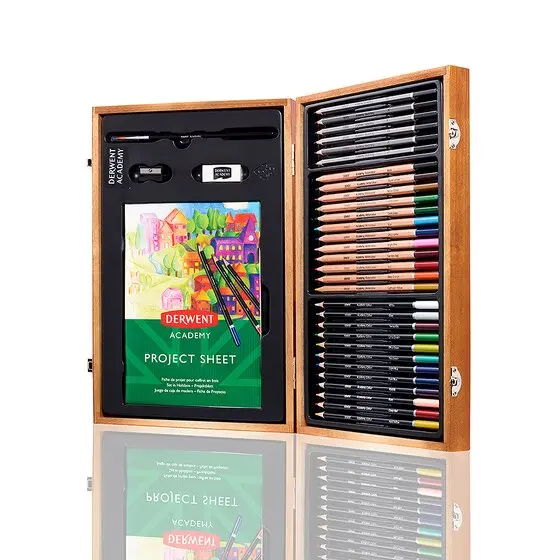 Derwent Academy Caja de Madera con 12 Lapices de Colores, 12 Lapices de Colores Acuarelables, 6 Lapi
