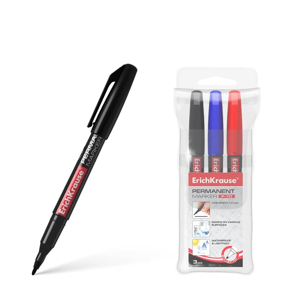 Erichkrause Pack de 3 Marcadores Permanente P-70 - Punta de Bala de 1.0mm - Resistente al Agua y a L