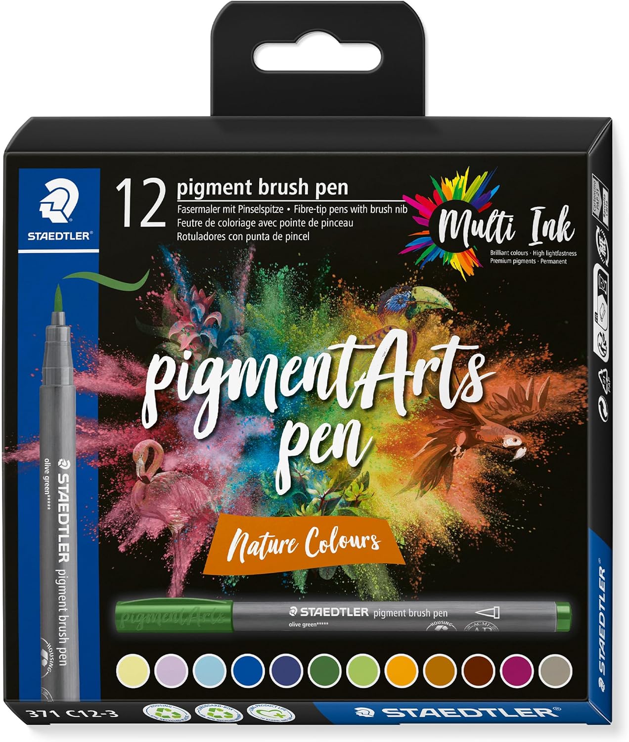 Staedtler 371 Pack de 12 Rotuladores Punta de Pincel Suave - Colores Vivos y Brillantes - No Amarill