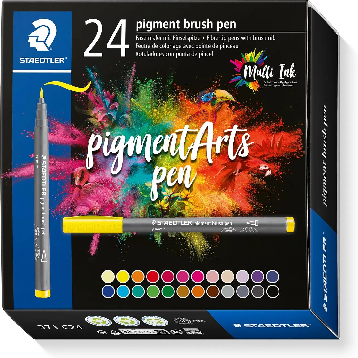 Staedtler 371 Pack de 24 Rotuladores Punta de Pincel Suave - Colores Vivos y Brillantes - No Amarill