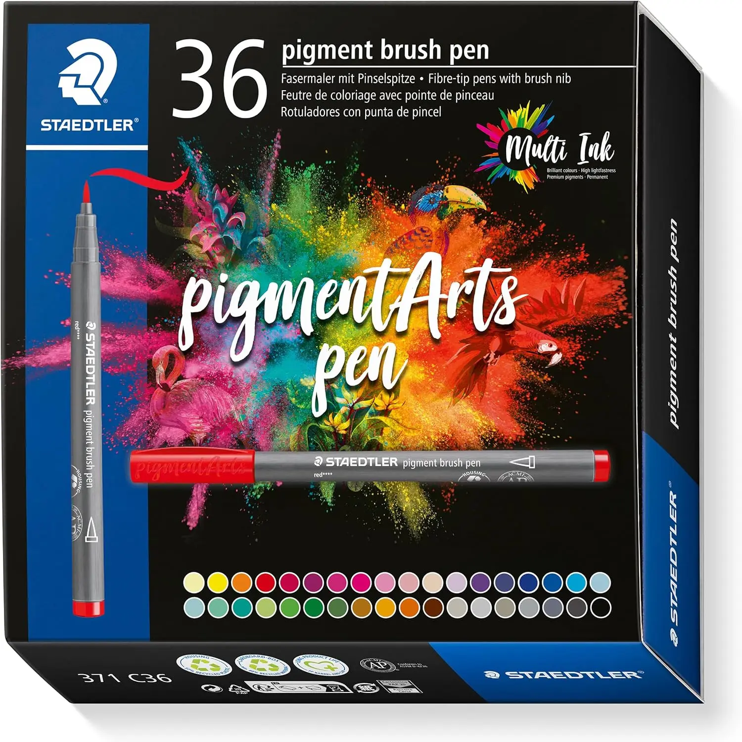Staedtler 371 Pack de 36 Rotuladores Punta de Pincel Suave - Colores Vivos y Brillantes - No Amarill