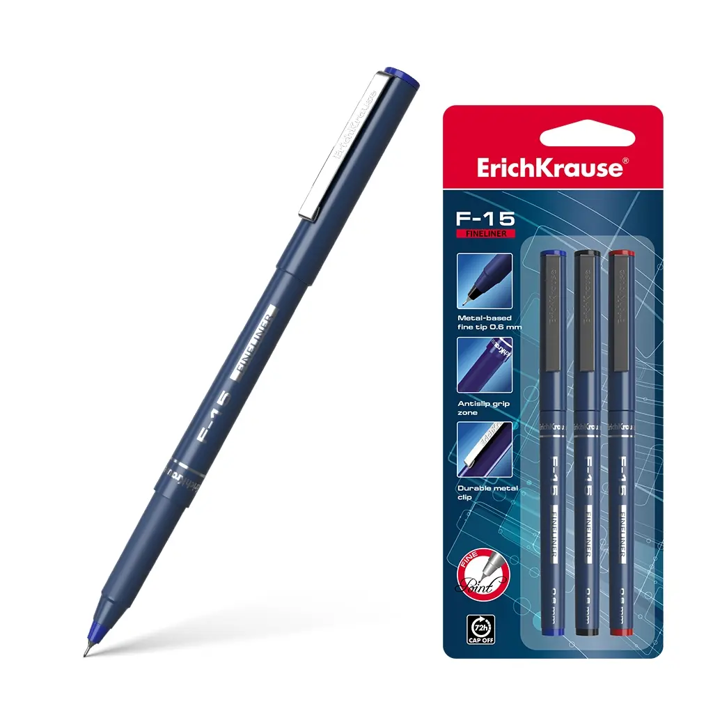 Erichkrause Pack de 3 Boligrafos F-15 - Trazo Fino de 06mm - Tinta en Colores Azul, Negro y Rojo - C