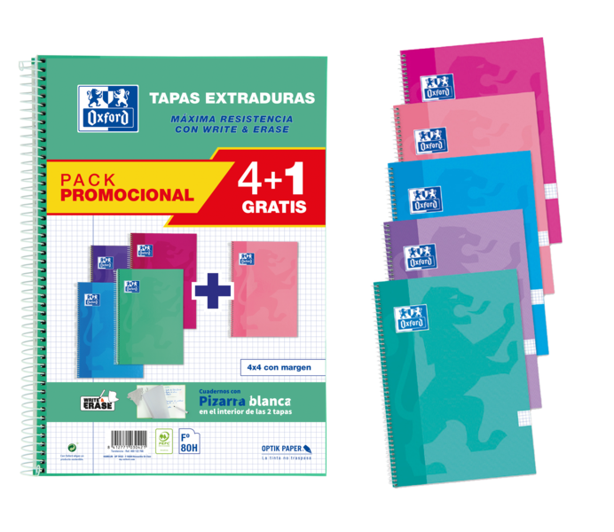 Oxford School Classic Write&Erase Pack 4+1 F� - Cuaderno Espiral - Tapa Extradura - 4x4 con Margen -