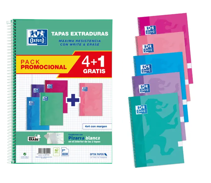 Oxford School Classic Write&Erase Pack 4+1 F� - Cuaderno Espiral - Tapa Extradura - 4x4 con Margen -