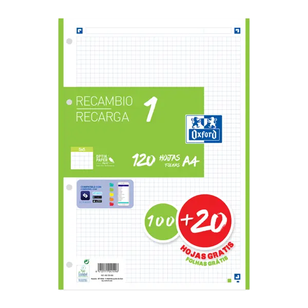 Oxford School A4 Recambio - 5x5 - 100+20 Hojas - Color Verde