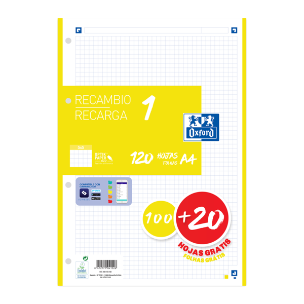 Oxford School A4 Recambio - 5x5 - 100+20 Hojas - Color Amarillo