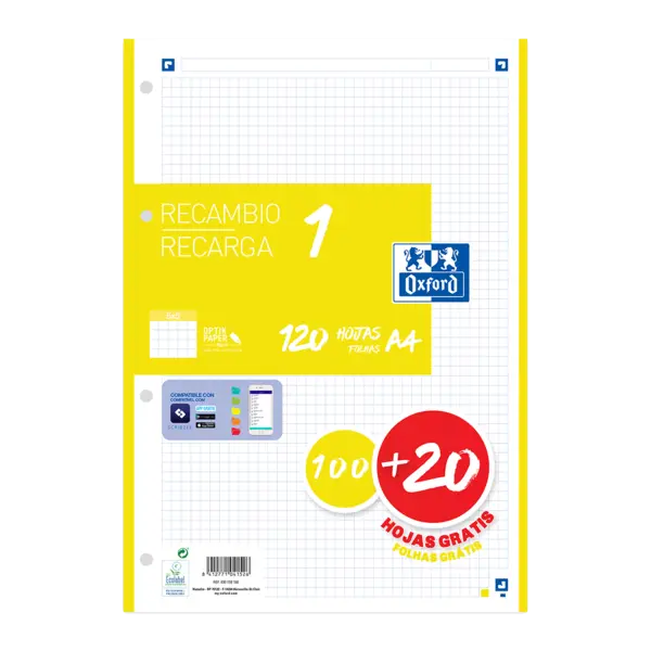 Oxford School A4 Recambio - 5x5 - 100+20 Hojas - Color Amarillo