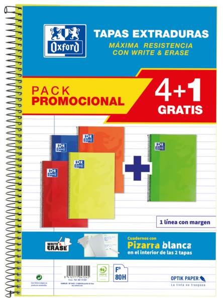 Oxford School Classic Write&Erase Pack 4+1 F� - Cuaderno Espiral - Tapa Extradura - 1 Linea con Marg