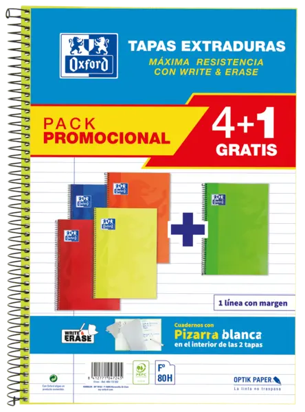 Oxford School Classic Write&Erase Pack 4+1 F� - Cuaderno Espiral - Tapa Extradura - 1 Linea con Marg