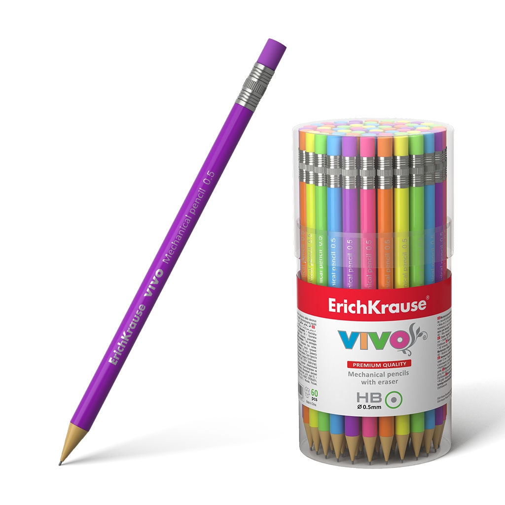 Erichkrause Vivo Portaminas - 05mm HB - Carcasa y Borrador en Colores Neon - Dureza HB - Minas de 05