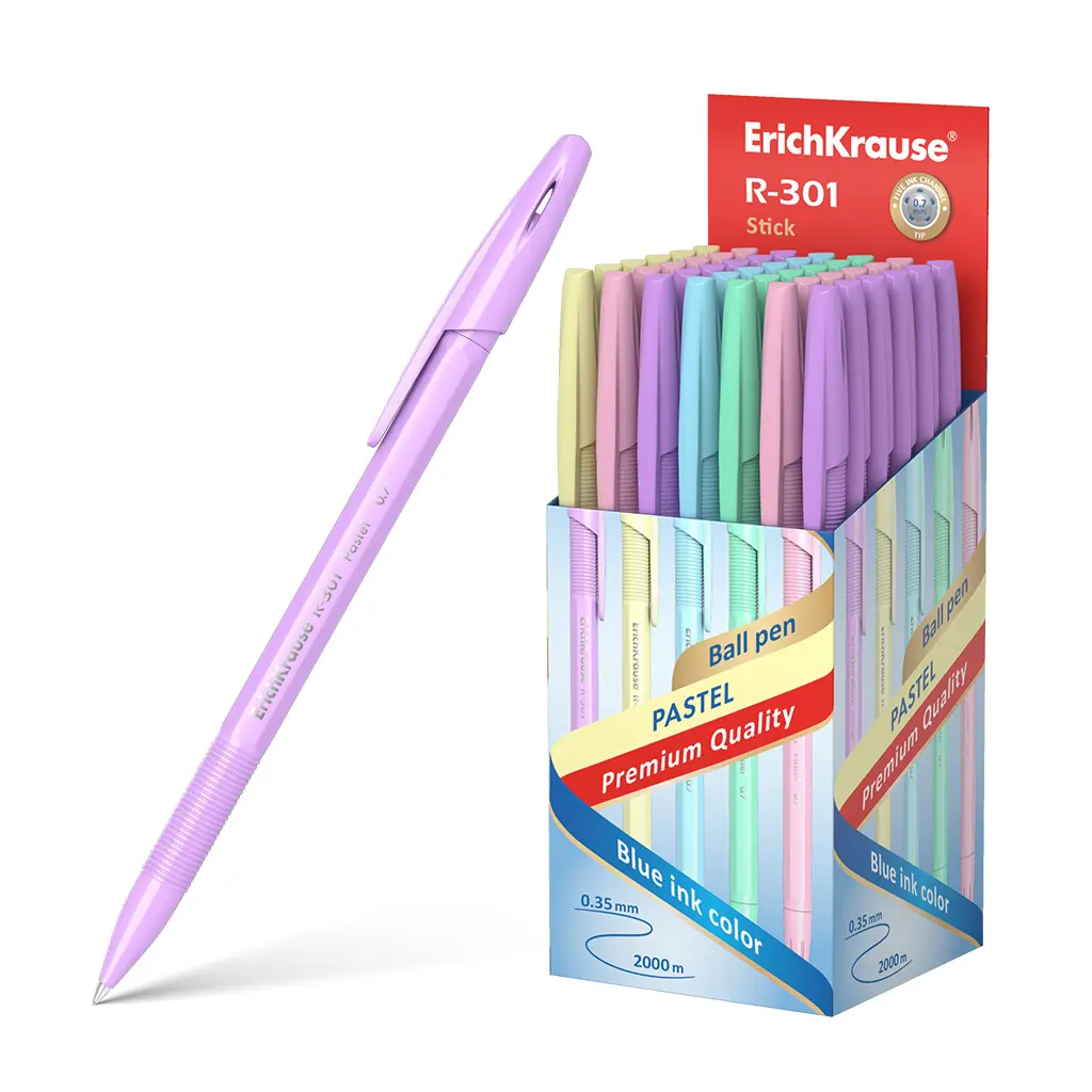 Erichkrause Boligrafo R-301 Pastel Stick 0.7 - Recargable - Tinta de Secado Rapido - Color Azul