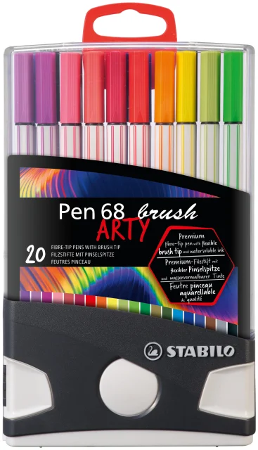 Stabilo Pen 68 Brush Arty Caja de Plastico Rigida con 30 Rotuladores - Punta de Pincel - Tinta a Bas