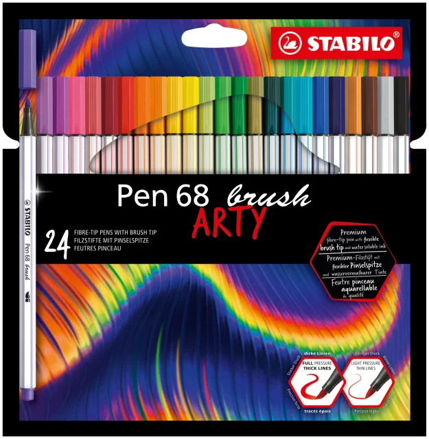 Stabilo Pen 68 Brush Arty Pack de 24 Rotuladores - Punta de Pincel - Tinta a Base de Agua - Colores 