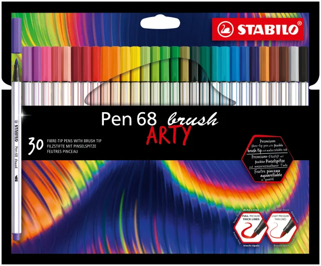 Stabilo Pen 68 Brush Arty Pack de 30 Rotuladores - Punta de Pincel - Tinta a Base de Agua - Colores 