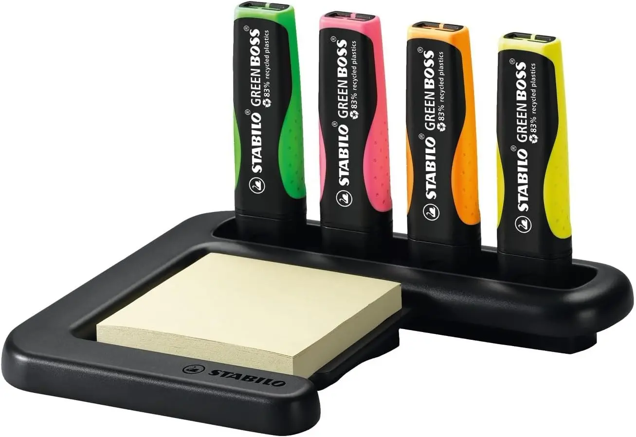 Stabilo Green Boss Set de Mesa de 4 Marcadores Fluorescentes 83% Plastico Reciclado + Bloc de Notas 