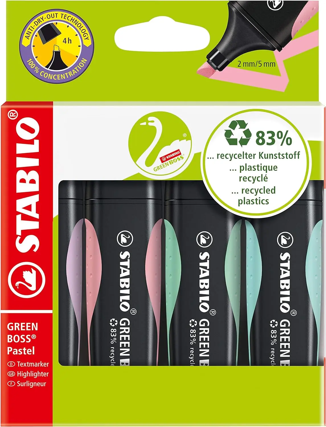 Stabilo Green Boss Pastel Pack de 4 Marcadores Fluorescentes - Fabricado con un 83% de Plastico Reci
